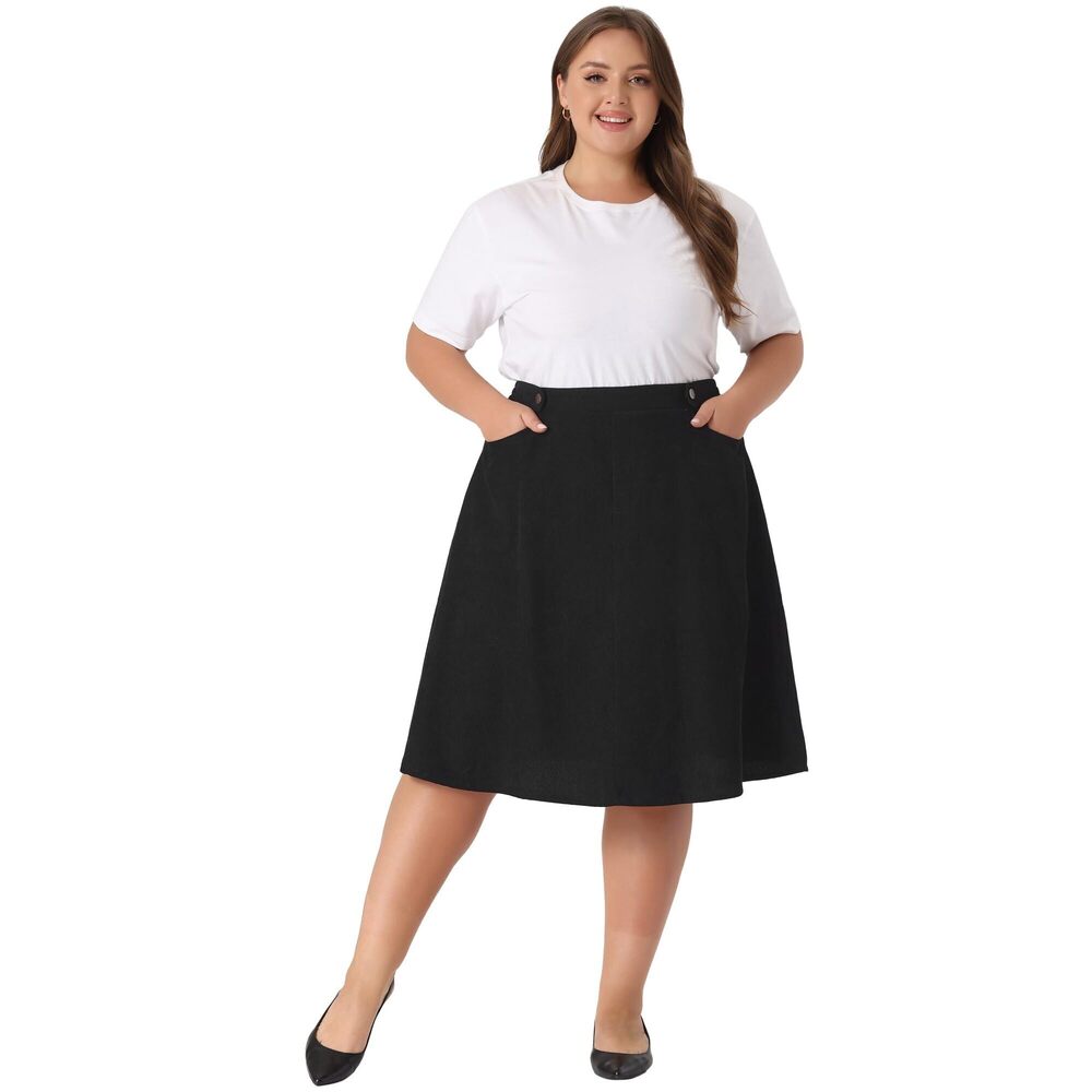2367 Plus Size Corduroy Skirt Elastic High A Line with Pockets Midi Skirts - Picture 3 of 6